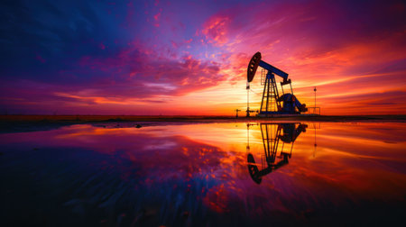 A picturesque sunset scene featuring an oil pump jack silhouetted against vibrant purple, orange, and pink skies, reflecting in a water puddleの素材