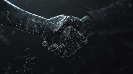 A digital handshake symbolizing partnership and collaboration with a dark background and geometric linesの素材