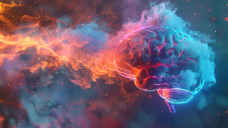 Abstract representation of a brain with vibrant colors and swirling smoke effects in the background Bright hues of orange, blue, and purple create a dynamic visualの素材