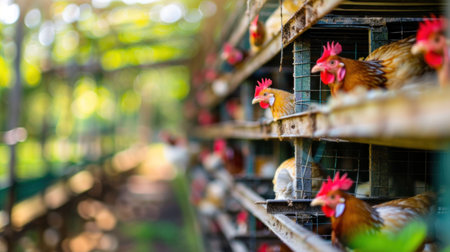 Chickens in a poultry farm, housed in cages with a natural green background, showcasing the farming environmentの素材