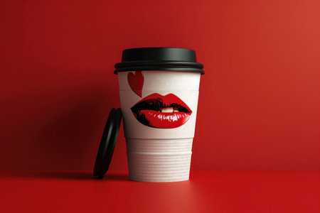 Red coffee cup with lip graphic on a vibrant red backgroundの素材