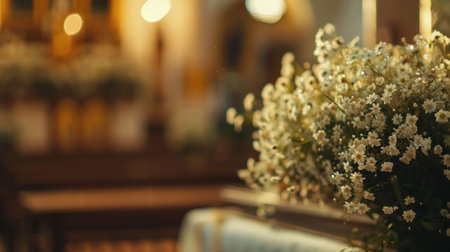 A close up of a bouquet of white flowers in a softly lit church interior The background features blurred wooden benches and warm lightingの素材