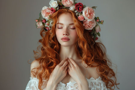 Beautiful young woman with long red hair and floral crown, eyes closed, serene expression Soft, neutral background enhances her natural beautyの素材