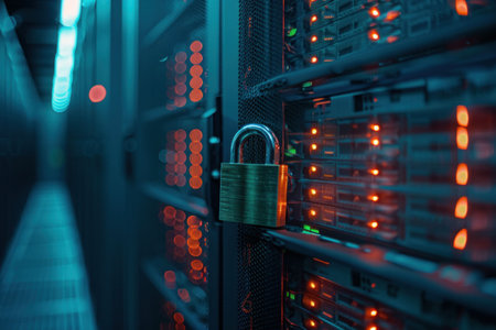 Secure data center with illuminated server racks and padlock in focus, emphasizing cybersecurity and data protection conceptsの素材