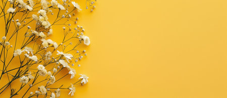 Beautiful white flowers arranged on a bright yellow background, creating a cheerful and vibrant atmosphere Perfect for spring themed designs or floral projectsの素材