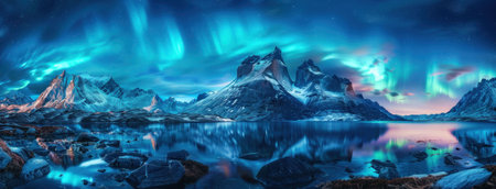 Majestic Northern Lights Over Snowy Mountains and Calm Lakeの素材