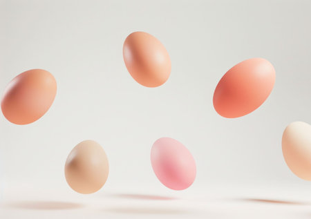 Floating eggs in pastel colors against a soft white background, creating a serene and minimalist atmosphereの素材