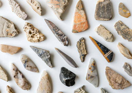 Assortment of natural stones and minerals on a light background, showcasing diverse shapes and colorsの素材