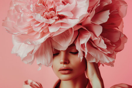 A serene woman with a large pink flower headdress against a soft pink background, evoking elegance and tranquilityの素材