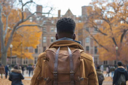 A student with a backpack stands in a park surrounded by vibrant autumn foliage, gazing at historic buildings in the backgroundの素材