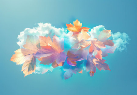 Colorful autumn leaves floating on a soft cloud against a serene blue background, creating a dreamy and tranquil atmosphereの素材