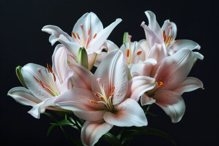 A beautiful bouquet of pink lilies on a dark background showcasing their delicate petals and vibrant detailsの素材