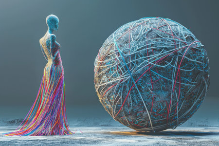 A futuristic figure stands beside a complex sphere made of colorful threads against a soft gray backgroundの素材