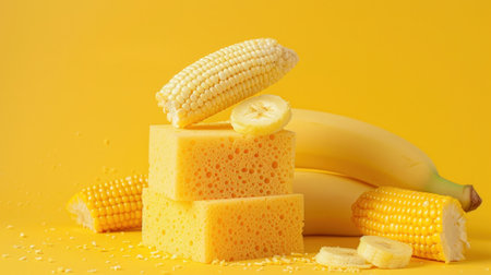 Yellow sponges, corn, and bananas arranged against a bright yellow background, creating a vibrant and playful compositionの素材
