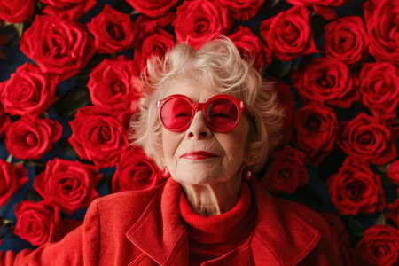 Elderly woman with glasses poses against a vibrant red rose background, showcasing a fashionable look with a joyful expressionの素材