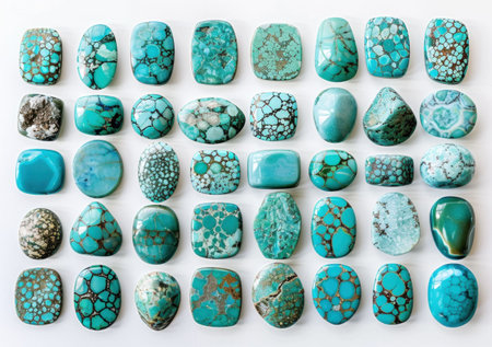 A stunning array of turquoise gemstones displayed in various shapes and sizes on a white backgroundの素材