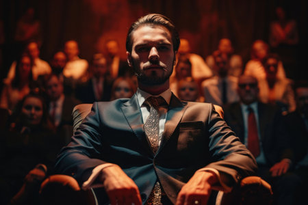 A confident man seated in an elegant suit, surrounded by a blurred audience in a dramatic, dimly lit spaceの素材