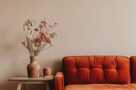 Cozy living room with an orange sofa and decorative vase on a wooden table against a beige wallの素材