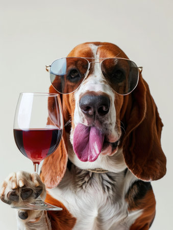 A stylish beagle dog wearing sunglasses, holding a glass of red wine with its paw on a neutral backgroundの素材