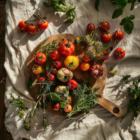 Fresh assorted tomatoes and herbs on a wooden cutting board Bright colors create a vibrant display of nature s bountyの素材