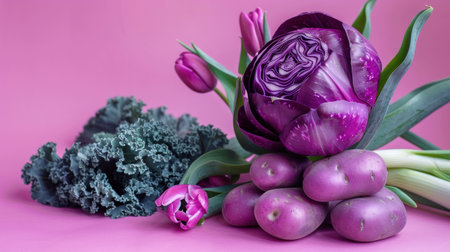 Fresh purple vegetables with tulips on a pink backgroundの素材
