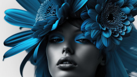 A striking portrait of a model with bold blue flowers adorning her hair and face against a soft white backgroundの素材