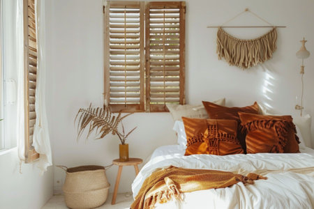 Cozy bedroom with earthy tones and natural decorの素材
