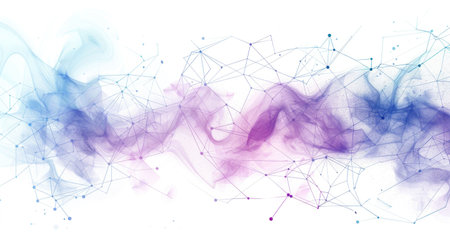Abstract digital design with flowing lines and particles in blue and purple hues on a white backgroundの素材