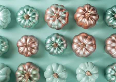 Assorted decorative pumpkins in metallic shades of teal and copper arranged on a soft teal backgroundの素材