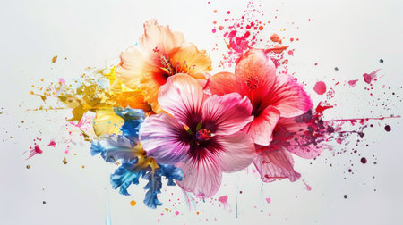 Vibrant colorful floral illustration with splashes of paint on a white background, showcasing hibiscus and other flowers in a lively arrangementの素材
