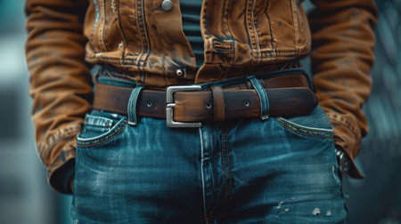 Close up of a person wearing a brown leather belt with distressed denim jeans, capturing a casual, urban style against a blurred backgroundの素材