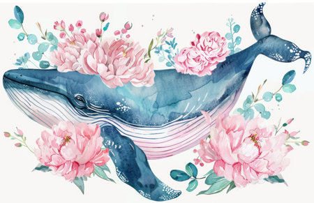 Watercolor whale surrounded by pink peonies and green leaves on a soft backgroundの素材