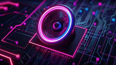 A futuristic speaker resting on a circuit board with vibrant neon colors illuminating the designの素材
