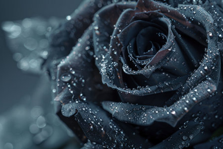 Close up of a dark rose with droplets on petals against a soft black backgroundの素材