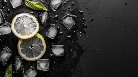 Fresh lemon slices and ice cubes on a dark background with water droplets creating a refreshing and vibrant lookの素材