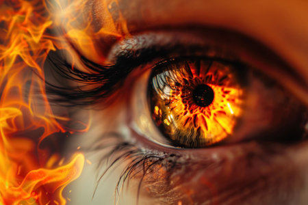Close up of a human eye with a fiery orange glow, surrounded by flames, creating a dramatic and intense visual effectの素材