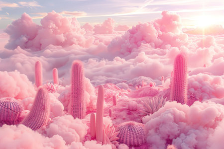 Dreamy landscape of pink cacti among fluffy clouds during a sunsetの素材