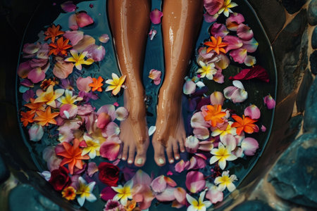 Peaceful feet in a floral bath surrounded by colorful petals in soothing waterの素材