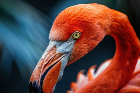 Close up of a vibrant orange flamingo, highlighting its unique features against a soft dark backgroundの素材