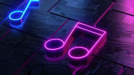 Neon musical notes with a futuristic design on a dark textured backgroundの素材