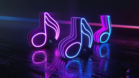 Neon music notes glowing in purple and blue hues against a dark reflective backgroundの素材