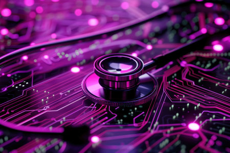 Stethoscope on a circuit board background, illuminated with pink and purple lights, symbolizing the intersection of technology and healthcareの素材