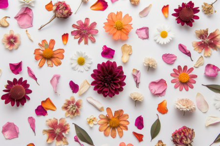 Colorful flower petals and blooms scattered on a white background, showcasing a vibrant and delicate arrangement of nature s beautyの素材