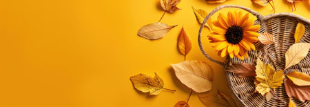 Autumn scene with a wicker basket containing a sunflower and scattered autumn leaves on a vibrant yellow backgroundの素材