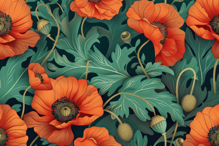Vibrant orange poppies entwined with lush green leaves on a dark background, showcasing intricate floral patternsの素材