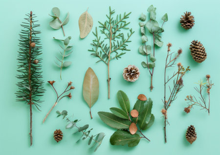 Collection of various leaves, twigs, and pine cones arranged on a mint green backgroundの素材