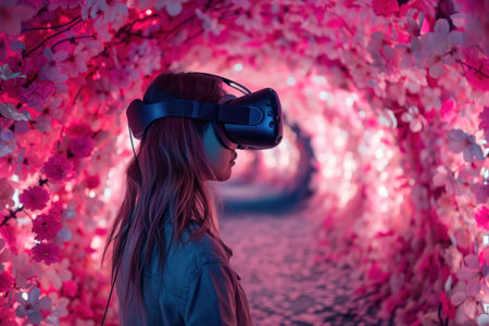 A young woman wearing a virtual reality headset stands amidst a vibrant floral archway, illuminated by soft pink lightsの素材