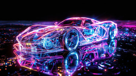 Futuristic neon sports car with a glowing wireframe design, reflecting on a dark surfaceの素材