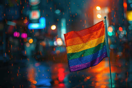 A vibrant rainbow flag waving in the rain on a colorful urban street backdrop with blurred lights and reflectionsの素材