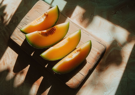 Slices of ripe melon on a wooden cutting board with soft shadows playing across a light surfaceの素材